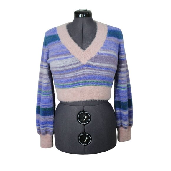 Aritzia Sunday Best women's kitten v-neck fuzzy‎ knit crop sweater M - Picture 1 of 11
